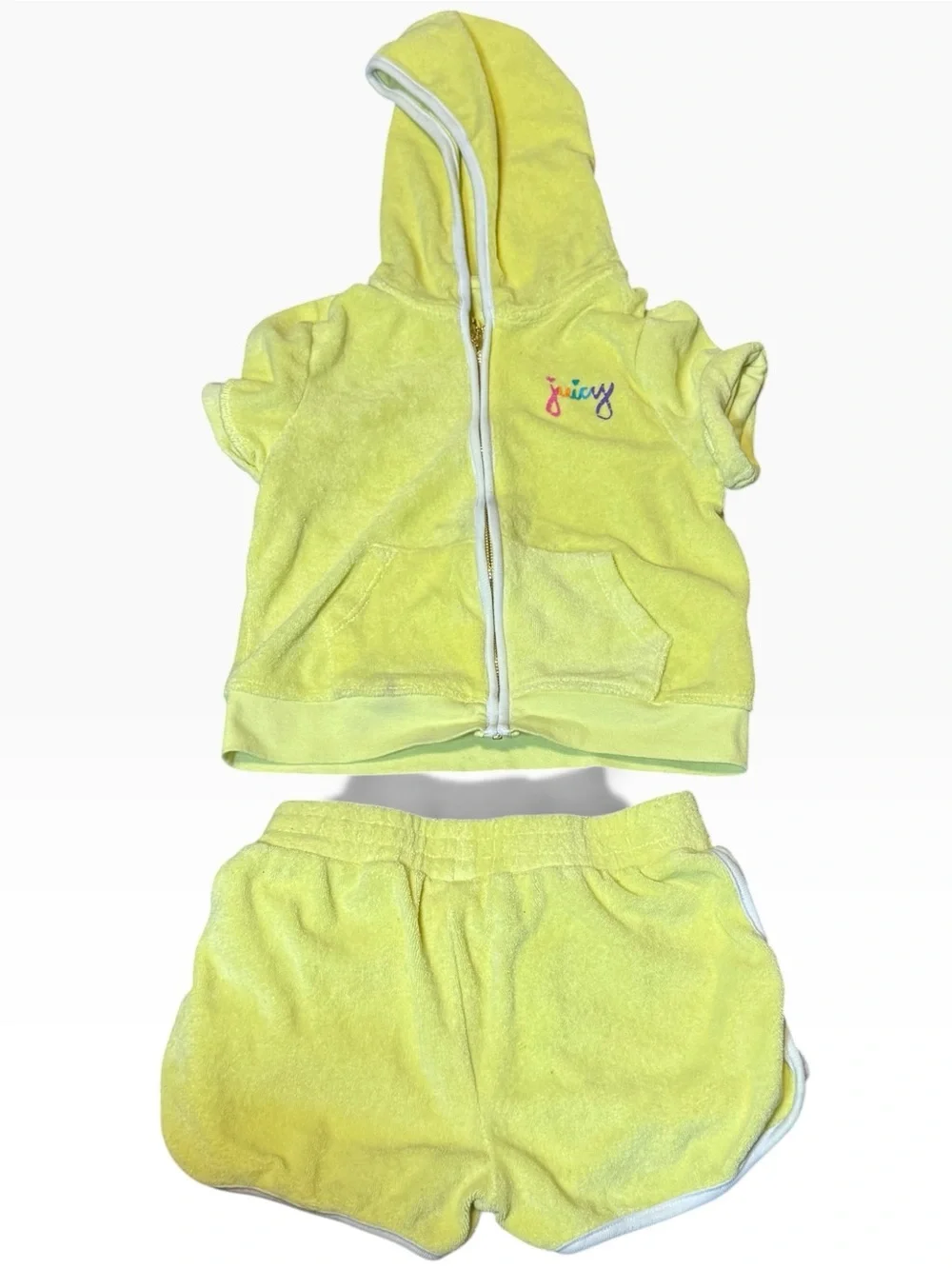 Juicy Couture Yellow Terry Hooded Top & Shorts Set with Rainbow Size 7